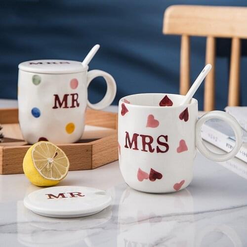 380ml MR MRS Couple Mugs With Round Handle Ceramic Coffee Milk Water Tea Cups Heart Dot Decor Creative Kitchen Office Drinkware