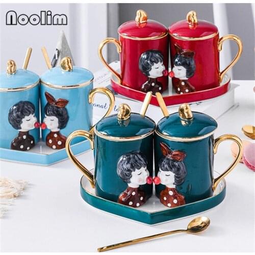 Nordic Ceramic Couple Coffee Mug with Lid and Spoon Wedding Afternoon Tea Cup Dessert Plate Breakfast Milk Mug Drinkware 350ML