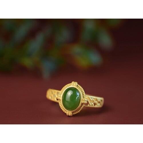 S925 Sterling Silver Gray Jade Ring Natural Hetian Jade Green Jade Ring Creative Archaistic All-Match Ring Ring Ornament Women