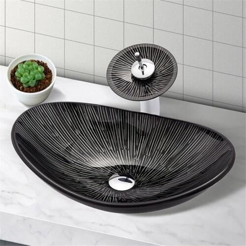 Oval Black Bathroom Sink Washbasin Bath Set Faucet Mixer Tap Art Design Tempered Glass Hand Painted Waterfall Basin Tap 2021