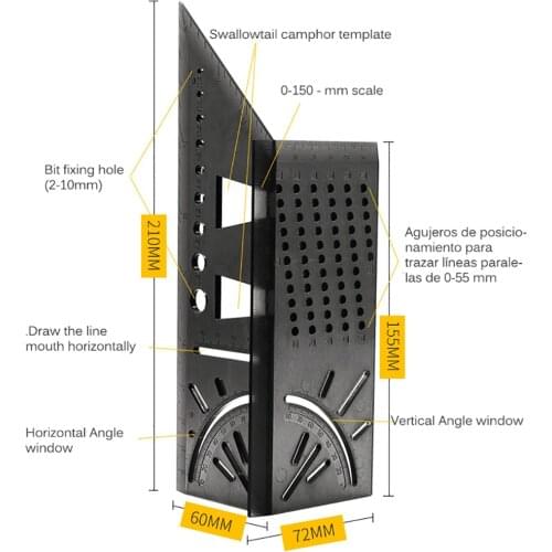 45+90 Degree WoodWorking Ruler Square Woodworking Scribe Measuring Measure Tool with Gauge and Ruler Convenient