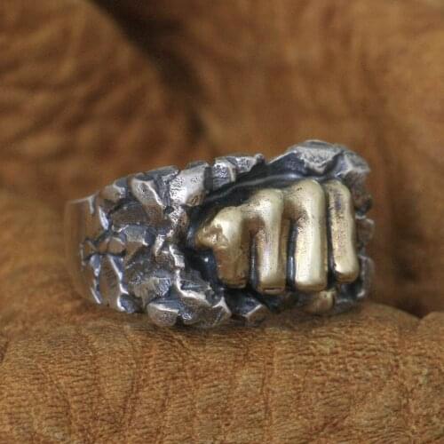 LINSION Brass Powerful Fist Breaking Stone 925 Sterling Silver Mens Biker Ring TA77B US Size 7~15