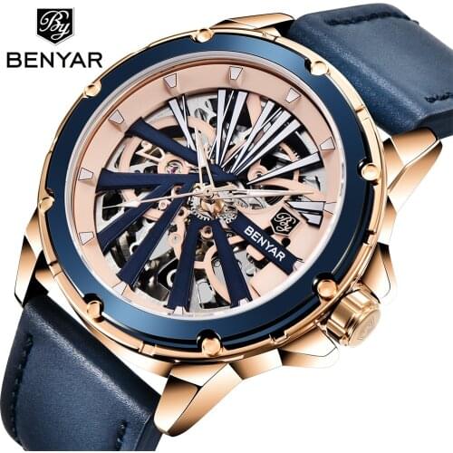 BENYAR Mens Casual Skeleton Automatic WristWatch Sports Mechanical Clock Military Stainless Steel Transparent Relogio Masculino