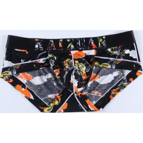 New Sexy Briefs Digital Print Ice Silk Mesh Hole Mens Underwear Gay Brief Underwear Gay Men U Convex Underpants Bikini