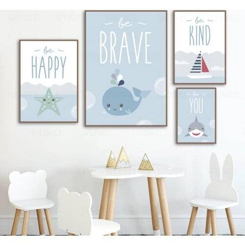 Blue Sea Whale Shark Quote Nursery Wall Art Canvas Painting Nordic Posters and Prints Wall Pictures for Girl Boy Kids Room Decor