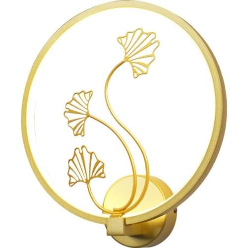 Golden gingko leaf wall lamp creative round LED light living room bedroom decor new Chinese style fashion metal lampada comodino
