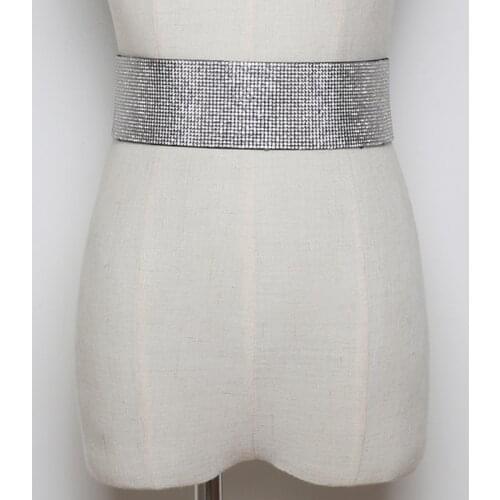 2020 New Women Fashion Shiny Belt Waist Chain Rhinestones Crystal Waistband Metal Button Elastic Band Luxury Wide Party Belt