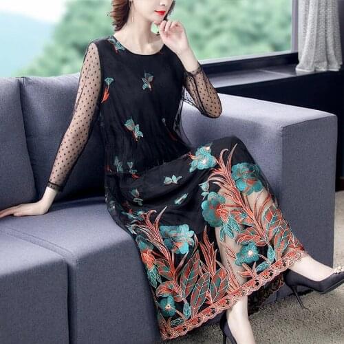 2021 Newly Spring Fall Women Clothing Dot Black Orange Emboridery Full Sleeve Dress , Woman 4xl 5xl Casual Long Mesh Dresses