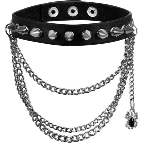 BONISKISS Gothic Cuspidal Spikes Rivet Cuff Black Leather Necklaces & Choker Cool Gothic Jewelry Accessories