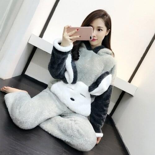 Warm Winter Hooded Pajamas For Women Cartoon Bear Anime Rabbit Sleepwear Long Sleeve Thick Coral Velvet Pyjama Female Nightwear
