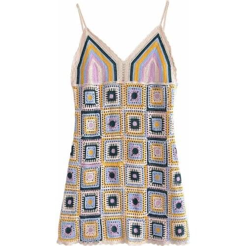 Za Summer Women New Chic Fashion With Sleeveless Knitted Mini Dress Vintage Backless Thin Straps Female Dresses Vestidos Mujer