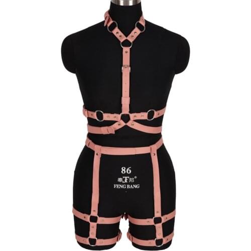 Pastel Goth Pink Leather Harness Belts Ring Bondage Waist Dance Rave Full Body Garter Belt Cage Top Bra Lingerie Suspender