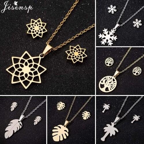 Bohemia Tree of Life Necklace Earrings Stainless Steel Jewelry Sets for Women Men Geometric Maple Leaf Choker Pendient Brincos