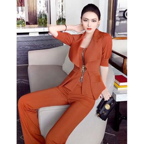 European And American Fashion Caramel Suit Womens 2021 Summer New Short Sleeve Waist Lapel Top Flared Pants Two Piece Set