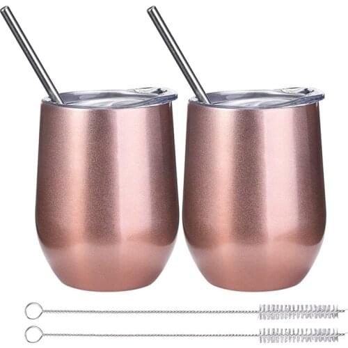 2-Pack Wine Cup with Lid, 12 Oz Double-Walled, Vacuum-Insulated Stainless Steel Wine Glass with Straw Brush
