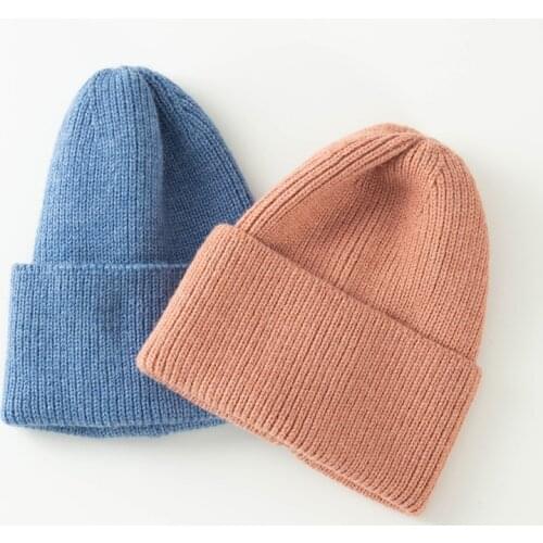 Unisex Knitted Cashmere Cotton Beanie Hat For Men Women Teenager Flanging Warm Soft Thick Bonnets Solid Color Skullies Cap