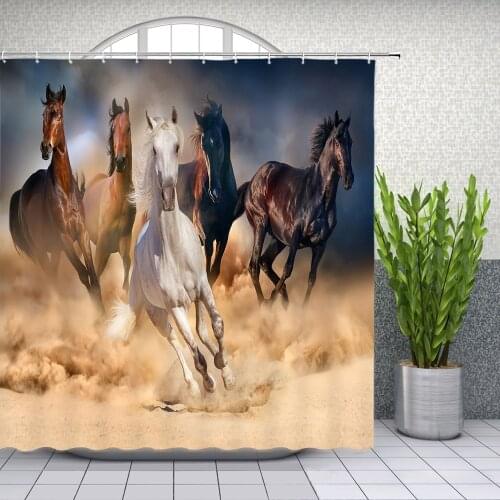 Horse Shower Curtains Strong Animal Running Black Gray Brown Horses Pattern Bathroom Polyester Cloth Hanging Curtain Set