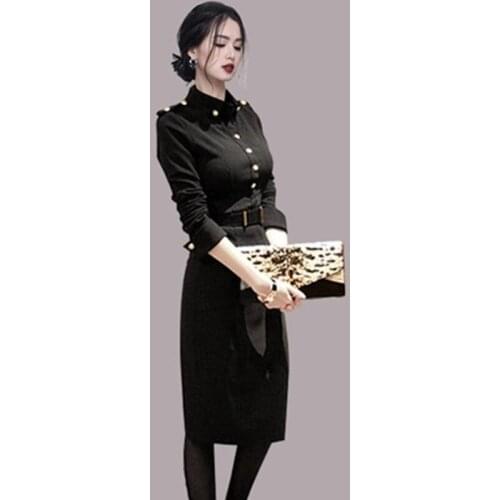 ZAWFL Single-breasted Women Midi Dress Autumn Winter Loose Slim Waist Belted Female A-line Dress 2021