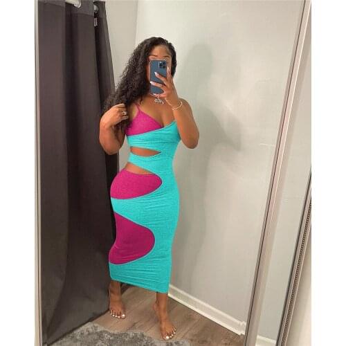Thorn Tree Summer Strap Color Patchwork Hollow Out Midi Dress Women Sexy Bodycon Fitness Streetwear Clubwear Elegant Sundress