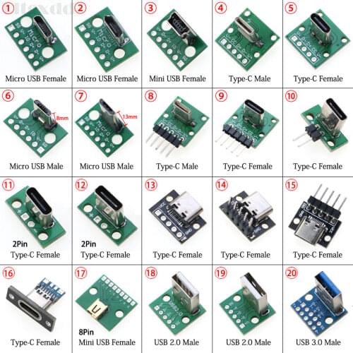 1PCS Mini Micro USB Type-C 2Pin USB 3.0 2.0 Female Male Connector Data Charging Cable Jack Test Board With Pin Header 90 Degree