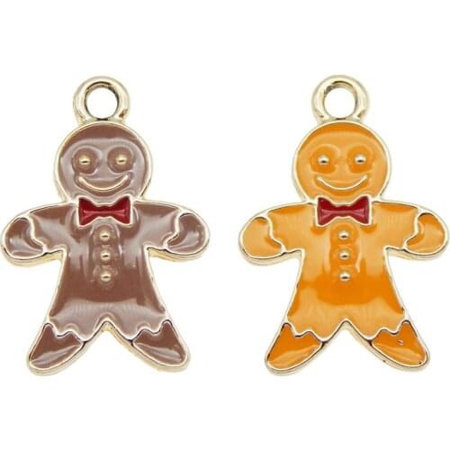 Julie Wang 6PCS Enamel Gingerbread Man Charms Brown Orange Cartoon Christmas Food Pendants Alloy Jewelry Making Accessory