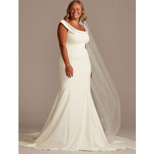 White Mermaid Wedding Dresses With Chapel Train Stretch Crepe Sleeveless Off-Shoulder Buttons Natural Waist Backless Bridal Gown