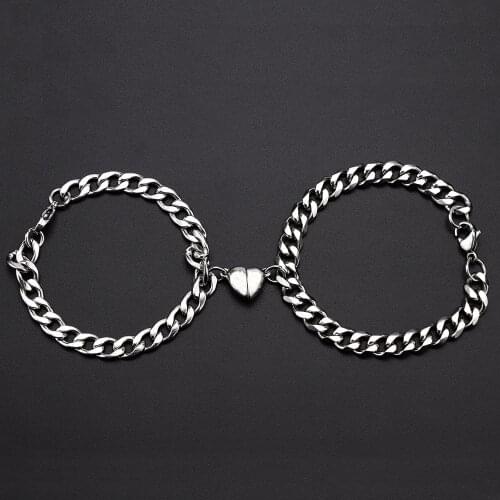 2Pcs/Set Heart shaped Magnet attraction Bracelet for couples Stainless steel Cuba chain mens and womens charm Jewelry gifts
