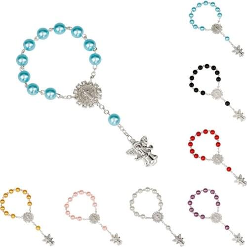 Silver Color Catholic Holy Communion Rosary Bracelet Angel Pendants Finger Rosaries Kids Religious Jewelry Gift