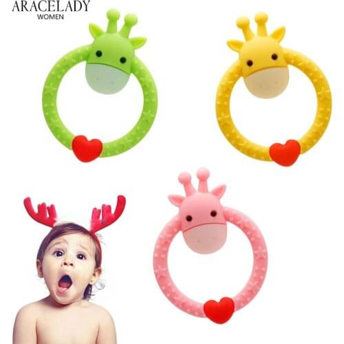 Baby DIY Cartoon Giraffe Ring Silicone Teether BPA Free Teethers Infant Chew Charms Kids Teething Nursing Toddle Necklace Toys