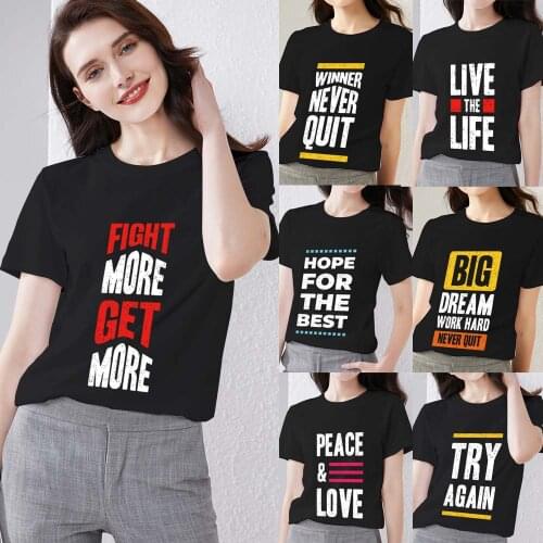Womens T-shirt Slim Street Fashion Round Neck Comfortable Trend Short Sentence Printed Pattern Series Soft Ladies Short Sleeve