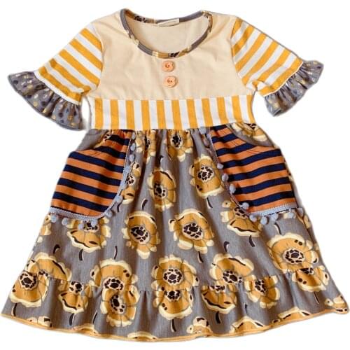 Mustard 100%cotton Fall with geometry Ruffle Baby Girls Dress Autumn dress