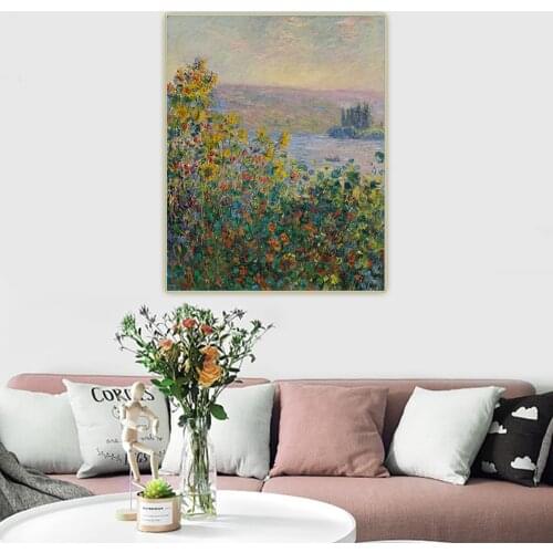 Canvas Oil Painting Claude Monet"Flowers Beds At Vetheuil"Wall Aesthetic Western Art Decor Poster Home Living Room Decoration