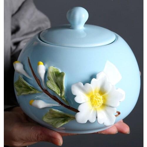 Chinese Ceramic Tea Cans Snack Dried Fruit Sealing Cans Kitchen Storage Tank Coffee Tank Hand Drawn Flowers Home Decoration