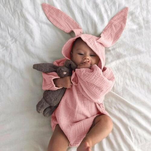 Rabbit Baby Bodysuits Newborn Infant Baby Boy Girl Cotton Linen 3D Bunny Ear Hat Bodysuit Solid Long Sleeve Jumpsuit Outfits Set