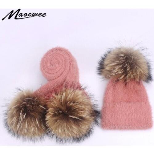 Children Two-piece Scarf Hat Set Real Fur Pom Pom Winter Female Warm Wool Beanie Knitted Soft Solid Elasticity Nature Fur