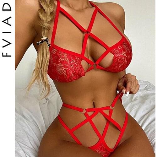 Strap Cross Flower Lace Hollow Sexy Lingerie Ladies Erotic Bra Panties Two Pieces Set Women’s Perspective Corset Underwear Suit