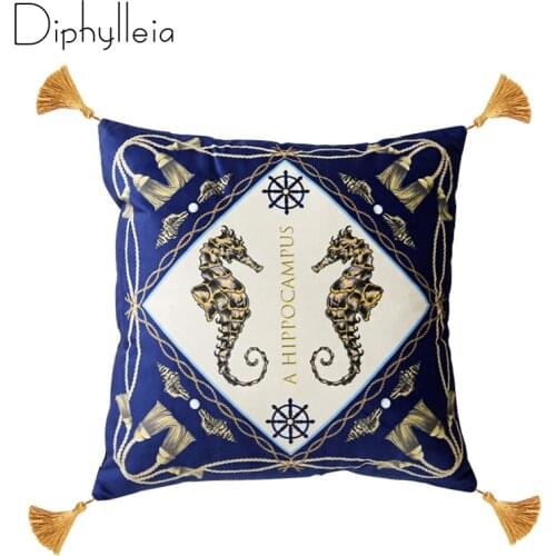 Diphylleia Mediterranean Style Cushion Cover Navy Blue Hippocampi Sea Horse Velvet Pillow Case With Tassels Luxury Home Decor