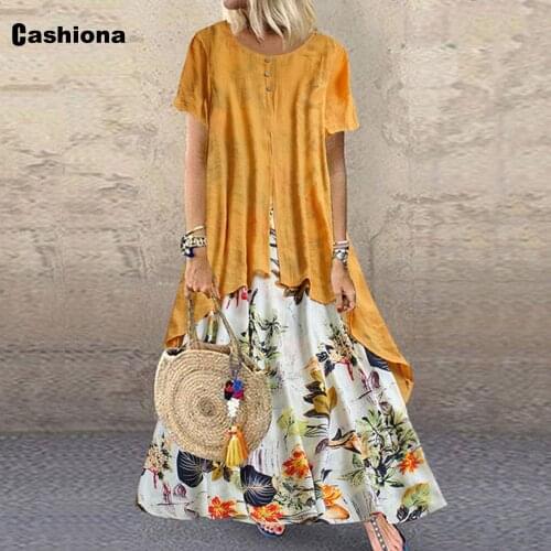 Cashiona Flower Print Long Maxi Dresses Women 2020 Summer Bohemian Short Sleeve Party Dress Female 2 IN 1 Vintage Dress Vestidos