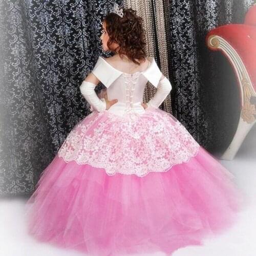 Pink Flower Girl Dresses Princess Soft Tulle White Puffy Lace Applique Girls Pageant Dress First Holy Communion Party Dresses