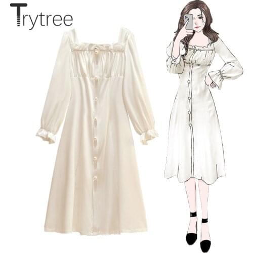 Trytree 2021 Spring Autumn Womens Dress Casual Ruffled Square Collar Puff Sleeve Single Breasted A-line Office Lady Shirt Dress