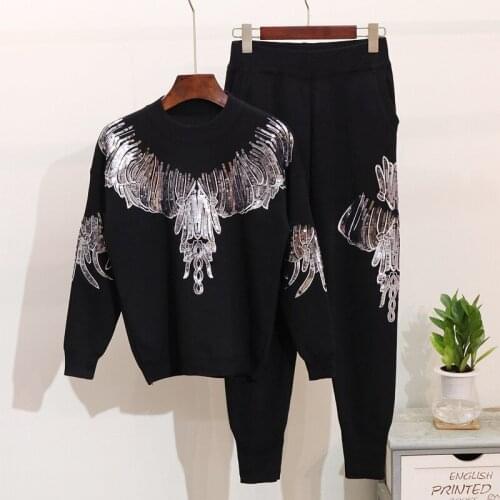 High Quality Knitted Set Female Loose Tracksuit Autumn Winter Embroidery Sequin Sweater Long Pencil Pants 2pc Women Sets Outfits