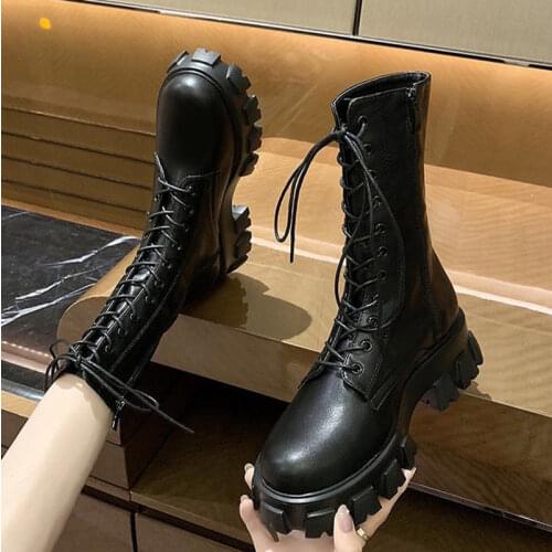 Women Boots Platform Flats Ankle Boots Big Size Woman Lace Up Zip Shoes Womens 2021 Spring Female Cool Black Footwear