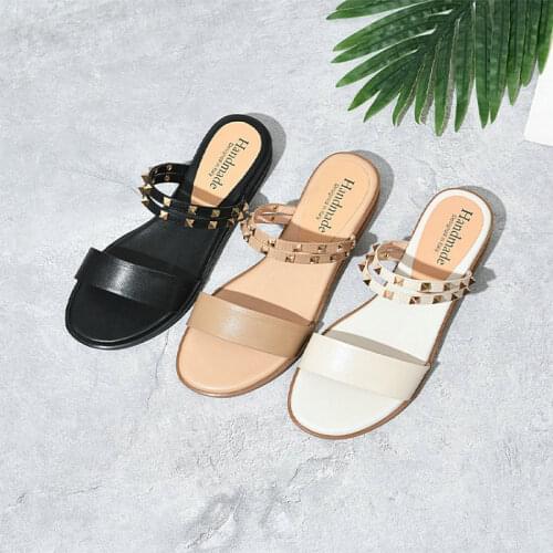 Sianie Tianie Cheap 2021 Genuine Cow Leather Open Toe Women Summer Shoes Studded Rivets Strap Beach Slides Mules Flat Sandals