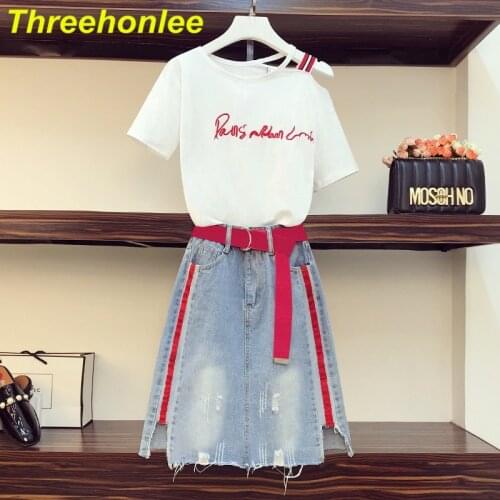 2021 Summer Women 2 Pieces Sets Casual White Letter Embroidery Short Sleeves T-Shirt + Denim Short Skirts Suit Plus Size