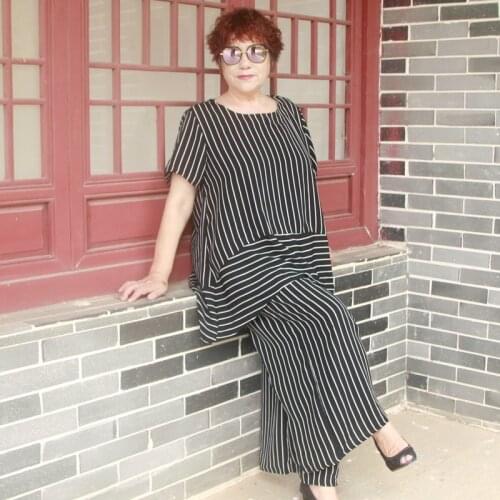 Elegant casual loose striped chiffon outfits for women pants and top 5xl 6xl 7xl plus size two piece set women 2 piece sets H376
