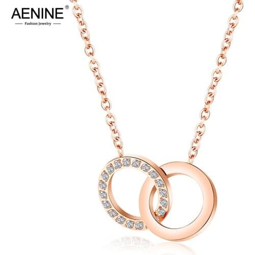 AENINE Trendy Double Circle CZ Crystal Female Pendant Necklaces Stainless Steel Chain Link Choker Necklace For Girls AN17078