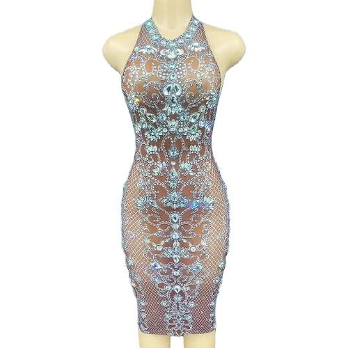 Shining Inlaid Diamonds Mesh Plaid Print Women Dresses Tight Bag Hip Dresses DJ Singer Dance Stage Wear Nightclub Costumes