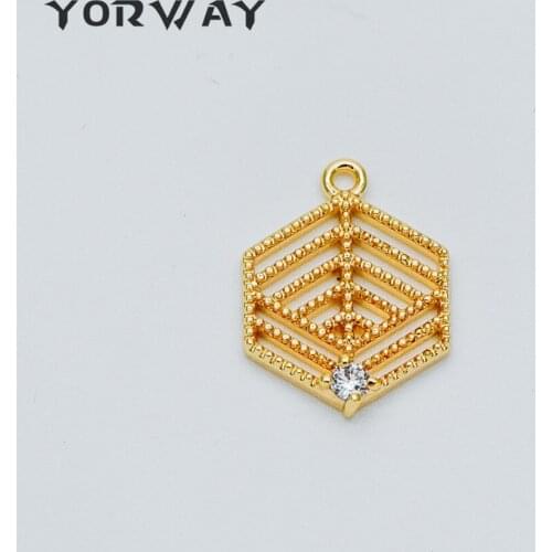 10pcs/Lot CZ Paved Gold Filigree Charms 18x13mm, Real Gold Plated Brass Hexagon Pendants, Tarnish Resistant (GB-413)