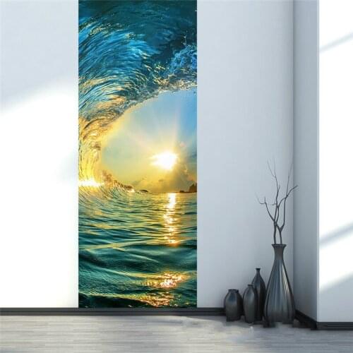 3D Door Sticker Ocean at Sunset Wooden Door Renovation Living Room Door Self-adhesive Decoration Waterproof Door Sticker