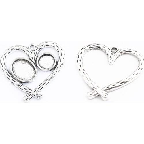 5pcs Antique Silver Color Heart Shaped Charms Pendant With Round/Oval Cabochon Base setting For DIY Necklace Jewelry making
